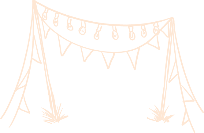 String of hanging lights and triangular banners strung between two poles, with small plants at the base of each pole, set against a black background.