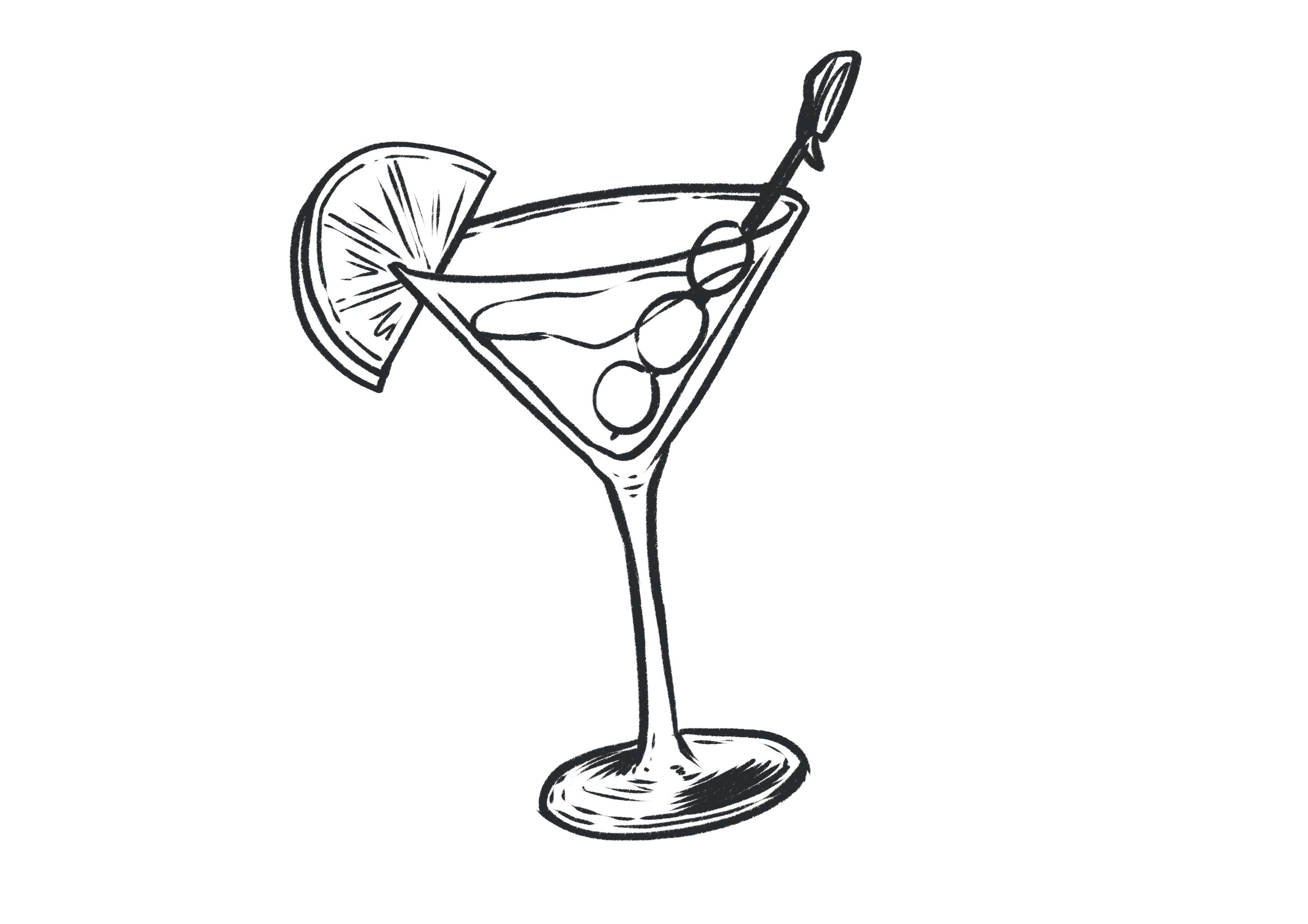 Outline drawing of a cocktail glass with a lemon wedge and an olive, garnished with a cocktail stirrer.