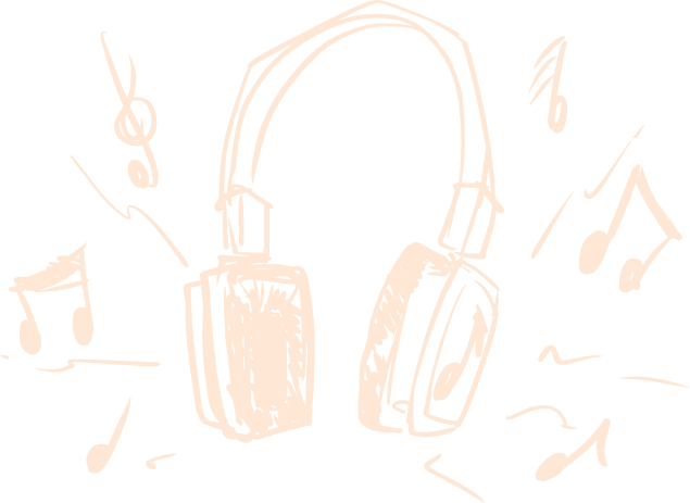 Drawing of headphones surrounded by musical notes on a black background.