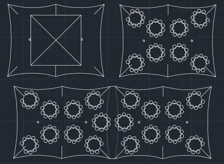Blueprint sketches of circular arrangements of small circles, with mainly rectangular shapes outlining the design, on a black background.
