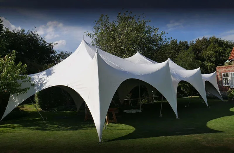 Large white event tent set up outdoors on a grassy lawn with trees and a building in the background.