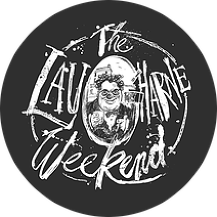 Logo for the Laughing Economy Weekend featuring a central illustration of a person with curly hair and glasses surrounded by stylized text.