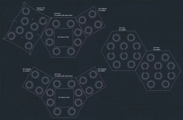 Blueprint of a venue layout with four distinct sections, each featuring circular tables arranged in honeycomb patterns, and a central dance floor area.