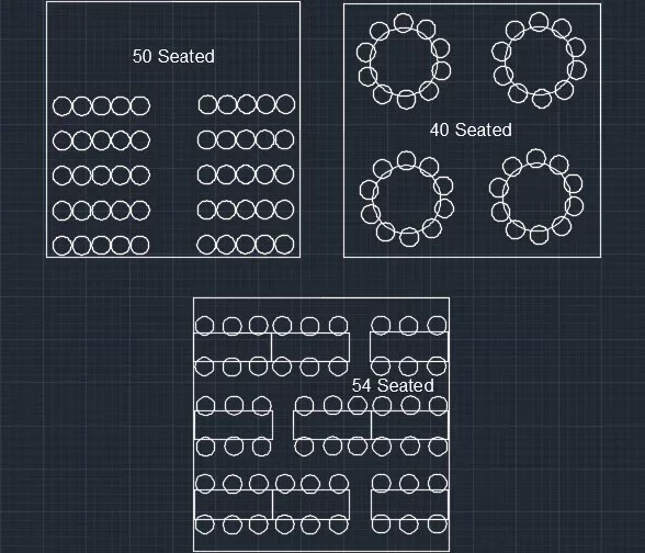 Blueprint showing seating arrangements: one section with 50 seats, four circles with 40 seats each, and another section with 54 seats.