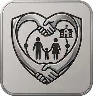 An illustration of a heart shape with two hands shaking at the bottom, surrounding a family of two adults and a child holding hands, with a house inside a smaller heart in the upper right corner.