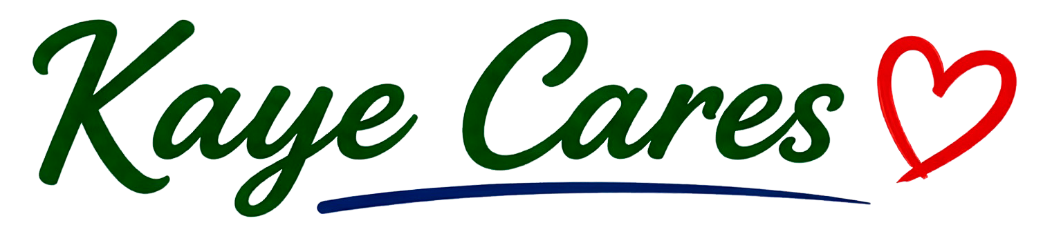 Kaye Cares logo with green cursive text and a red heart