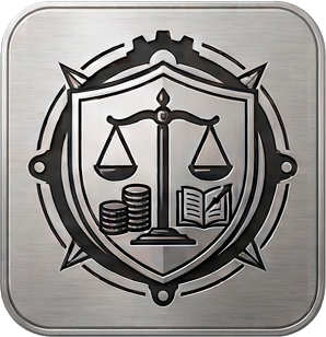 A metal emblem with a shield containing a scale, stacks of coins, and an open book, surrounded by a compass design.