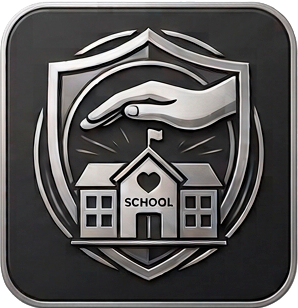 A shield emblem with a hand pointing at a school building having a heart on it, symbolizing protection or safety in education.