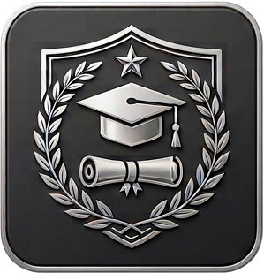 A badge with a graduation cap, a diploma, a star, and laurel wreath design.