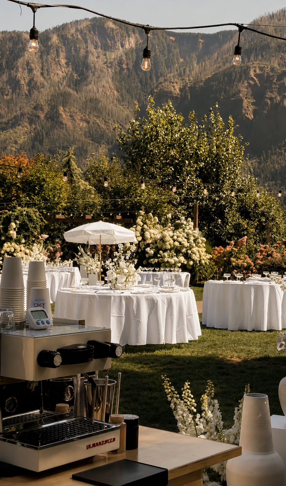 Outdoor coffee event setup with round tables covered in white tablecloths, floral centerpieces, white umbrellas, string lights overhead, a coffee or beverage station in the foreground, and lush greenery with mountains in the background.