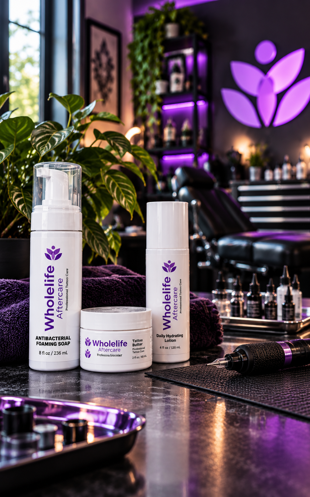 Skincare products on a black counter, including antibacterial foaming soap, tattoo butter, and hydrating lotion, with a tattoo machine to the right and a lush green plant behind. A purple-lit salon or tattoo studio decor with a large purple flower logo on the wall.