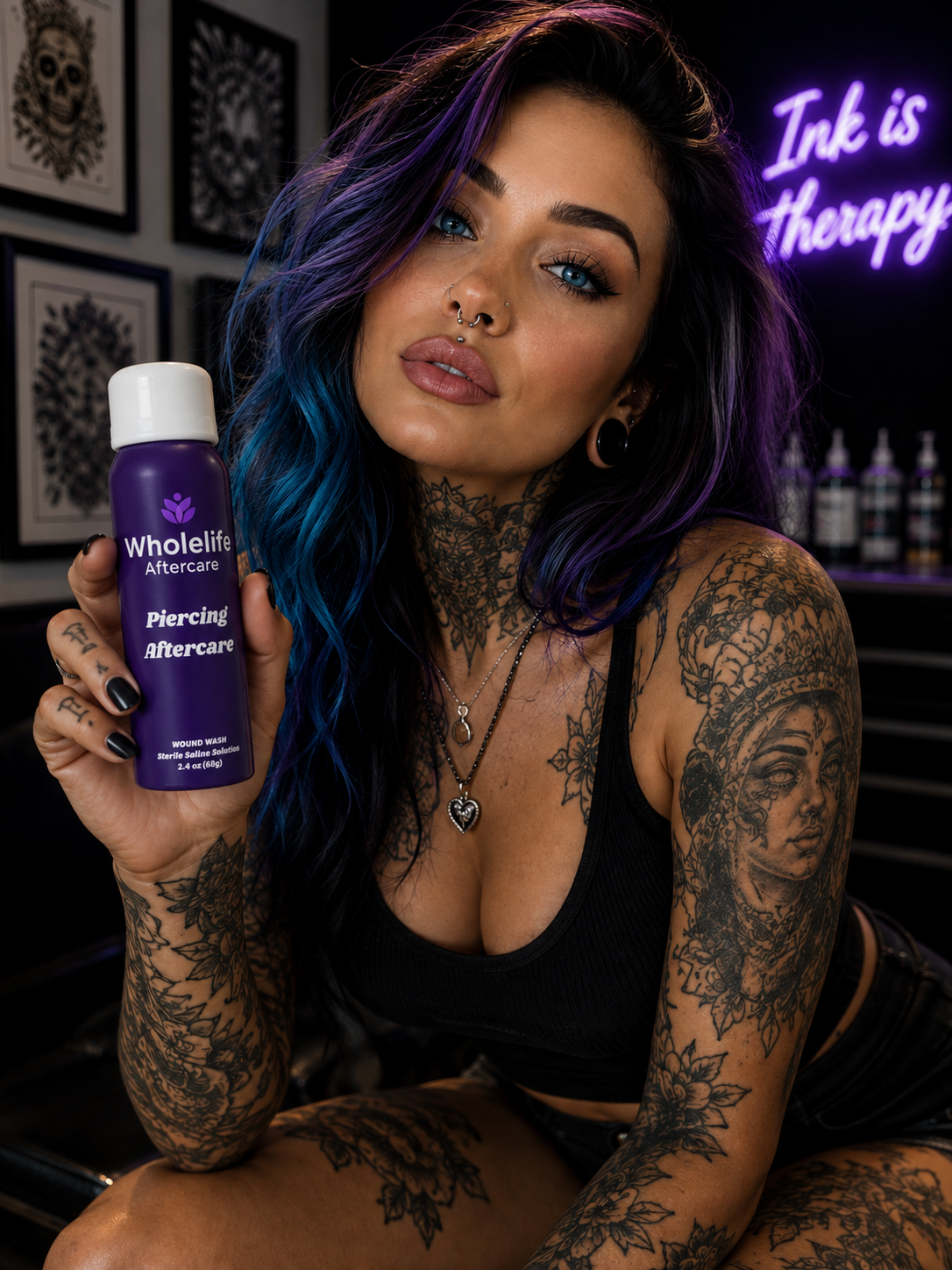 Tattooed woman with colorful hair holding a purple bottle labeled Wholelife Aftercare, in a tattoo studio with neon sign that reads 'Ink is therapy' in the background.