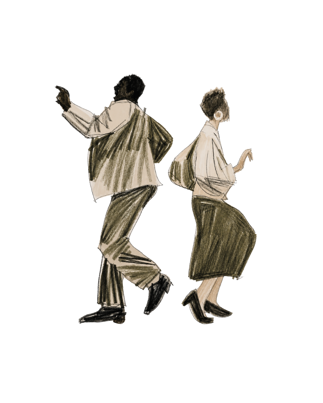 Sketch illustration of a man and woman dancing back-to-back, with a red and black geometric background.