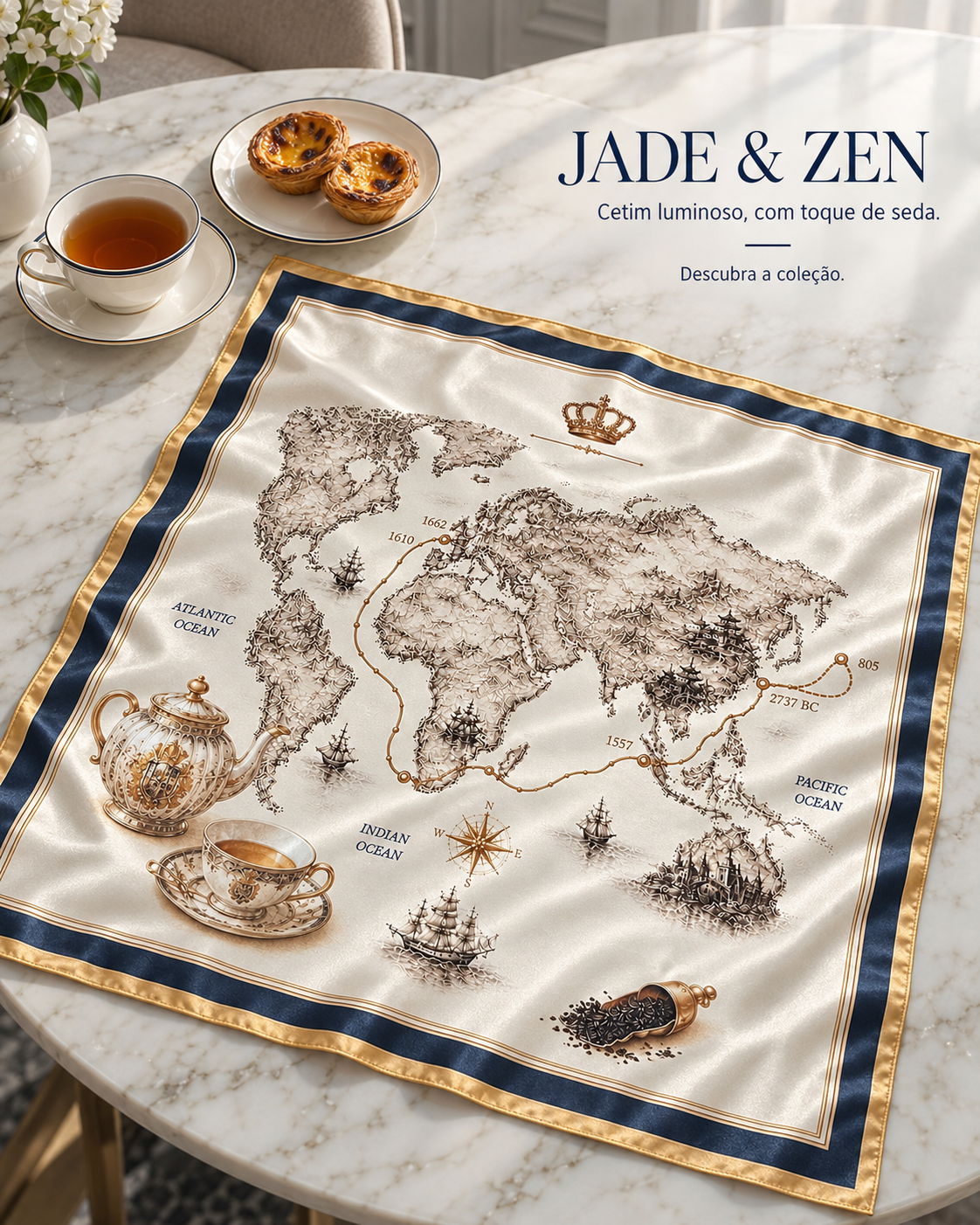 Mapa decorativo de navios e oceanos do mundo, com detalhes históricos e um calendário de datas importantes. Ao lado, uma xícara de chá e um pote de chá decorativo, além de uma xícara vazia e duas tortas em um prato, tudo sobre uma mesa de mármore.
