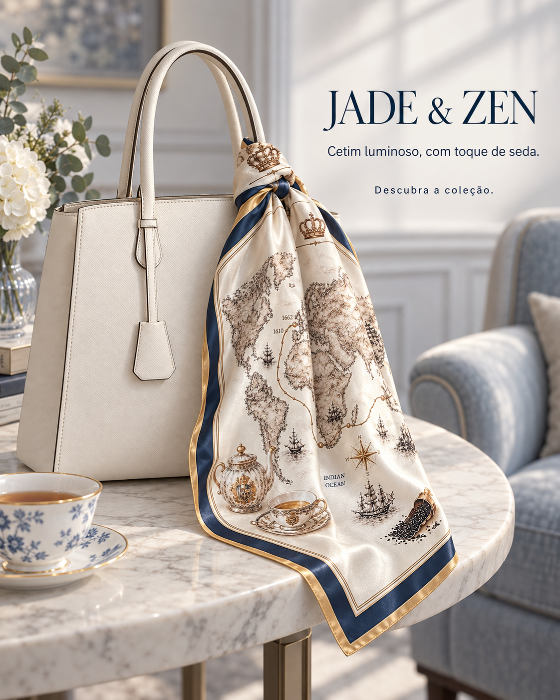 Lenço de cetim Jade & Zen atado à alça de uma mala bege, com estampado de mapa e acabamento em azul e dourado.