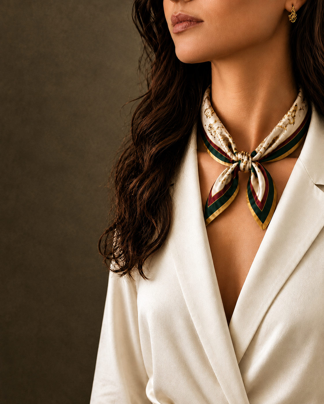 Modelo usando casaco branco e lenço Empire da coleção "Rota do Chá" com a cor bege e borda de cores respetivas vermelho, verde e dourado de dentro para fora.