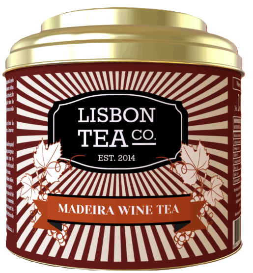 Chá de Vinho da Madeira da Lisbon Tea Co., em lata com padrão vermelho e branco e tampa dourada.