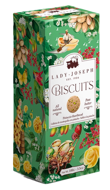 Pacote de biscoitos Lady Joseph Pistachio Shortbread com manteiga, embalagem verde decorada com flores, borboletas, árvores e uma moldura com uma mulher em um barco ao fundo.