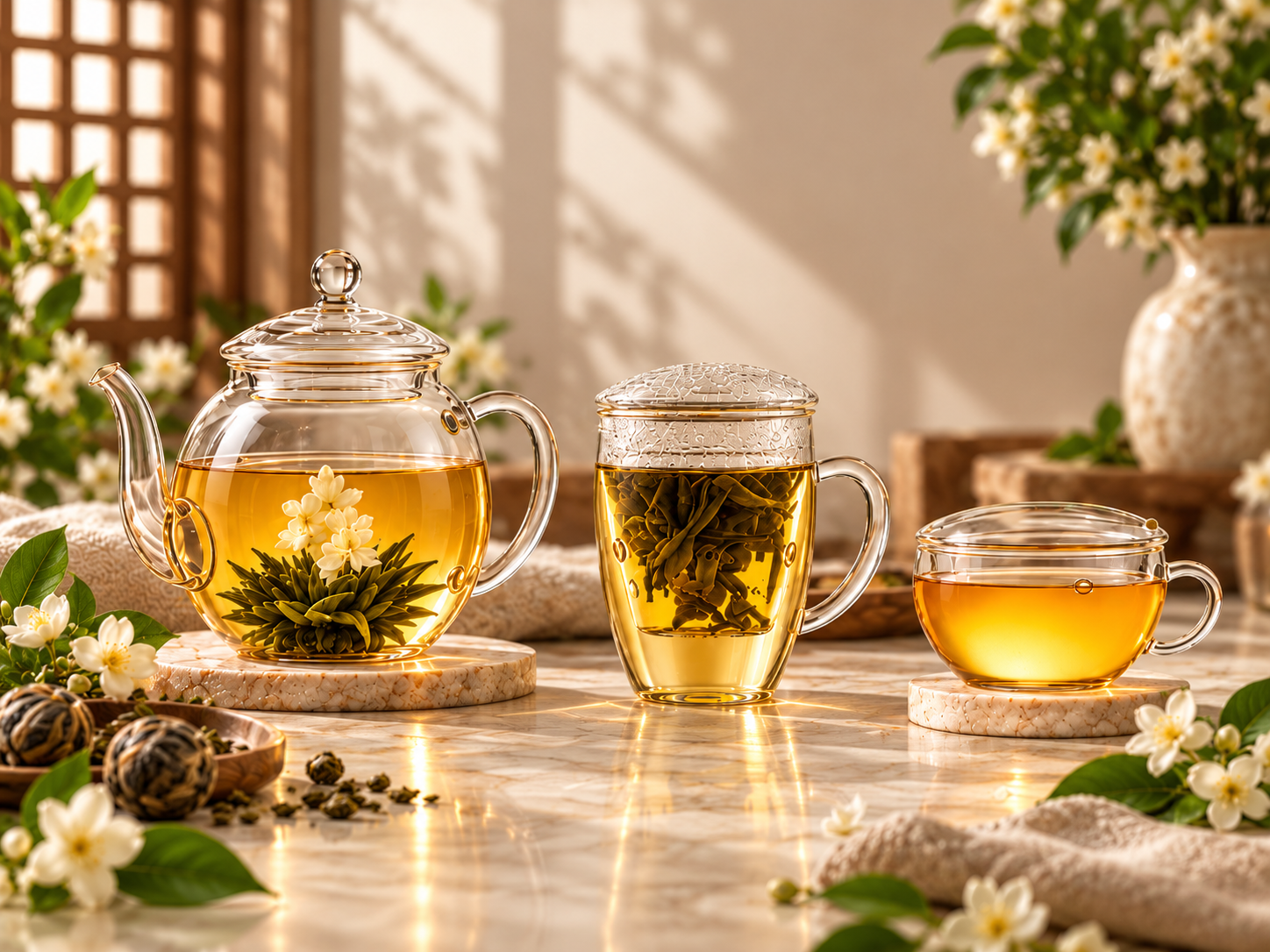 Conjunto de três xícaras e uma chaleira de vidro cheias de chá de ervas, decoradas com flores brancas e folhagens, em ambiente natural com luz suave e decoração floral.