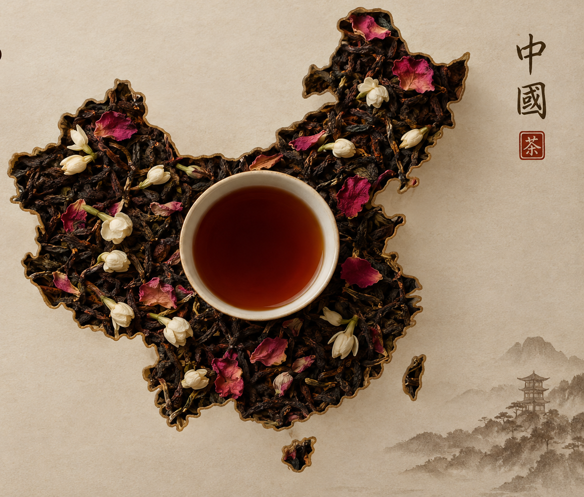 Mapa da China feito com folhas de chá e flores brancas, com uma xícara de chá no centro, ao lado há caracteres chineses e uma paisagem de montanha ao fundo.
