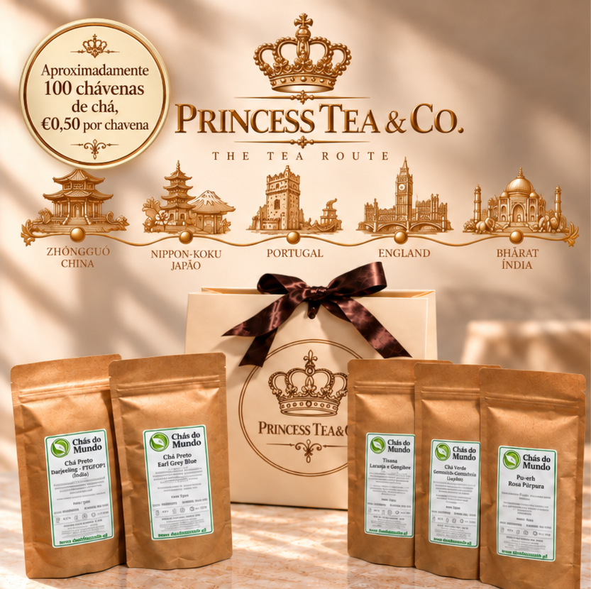 Pacote de chá e embalagem de presente da marca Princess Tea & Co, com uma parede ao fundo que mostra um mapa de roteiros de chá ao redor do mundo, incluindo China, Japão, Portugal, Inglaterra e Índia.