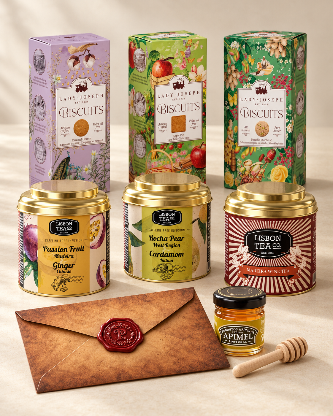 Conjunto de produtos de chá e biscoitos, incluindo caixas de biscoitos Lady Joseph com diferentes sabores, latas de chá de infusão sem cafeína com sabores como paixão, gengibre e cardamomo, e chá de vinho de madeira, além de um envelope de papel com selo de cera, um pote de mel de abelha com selo de produção de Portugal, e uma colher de mel.
