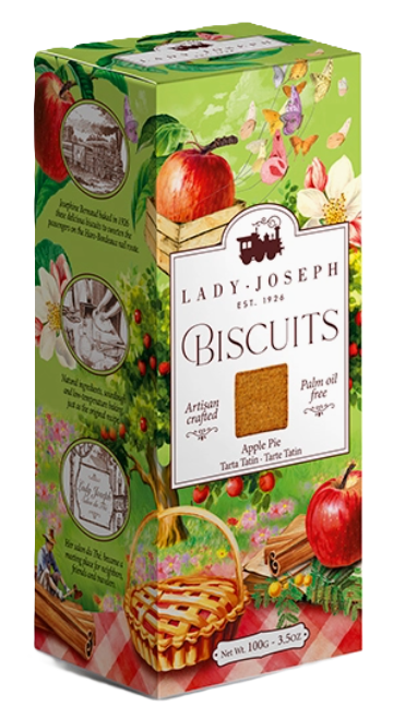 Pormenor da embalagem dos biscoitos de Maçã e Canela Lady Joseph, com ilustrações de maçãs e flores.