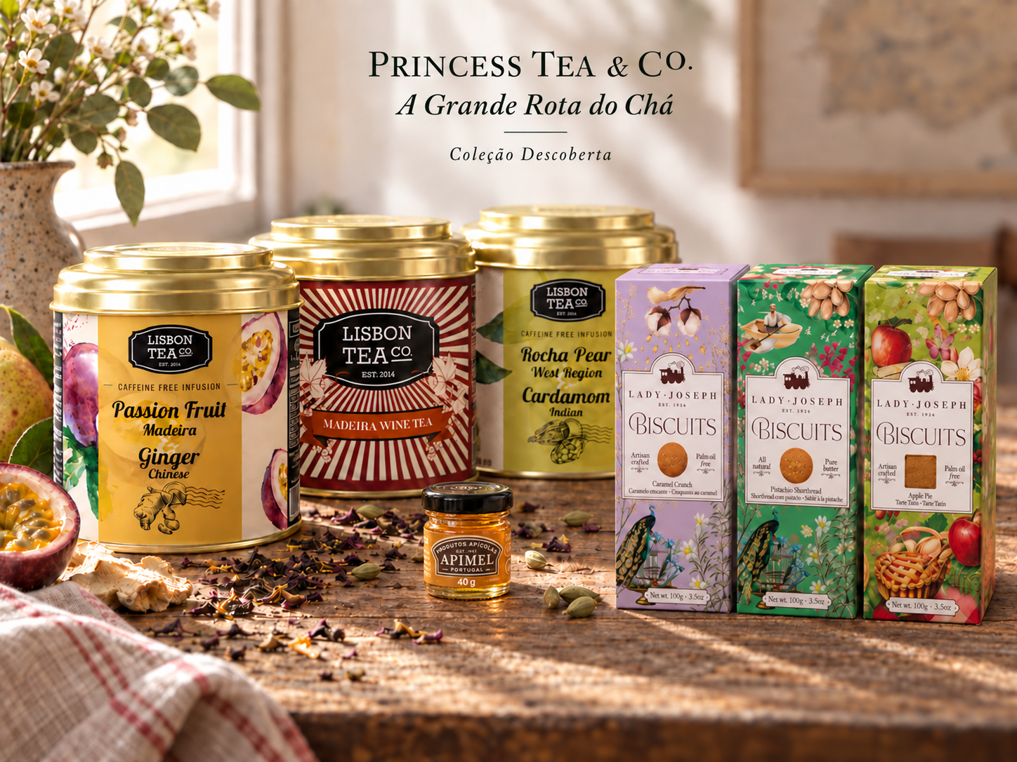 Chás Lisbon Tea, biscoitos Lady Joseph e mel Apimel da coleção Grand Tour, apresentados sobre uma base de madeira.
