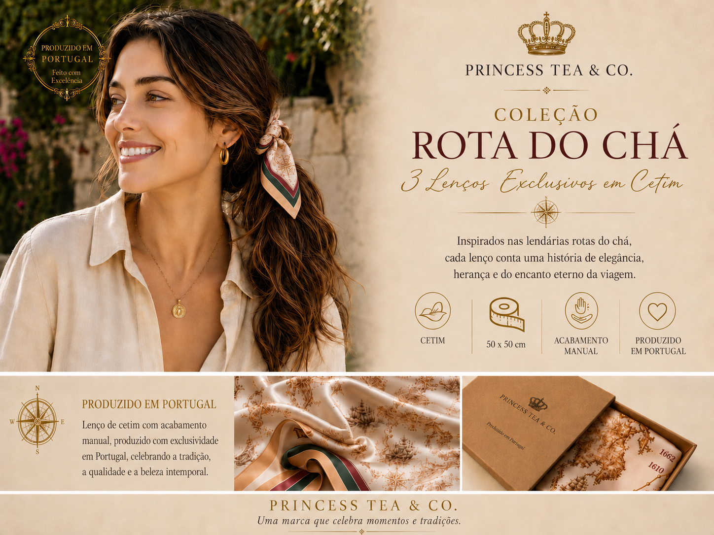 Lenço de cetim Empire usado no cabelo, com detalhes do estampado inspirado na Rota do Chá e da embalagem Princess Tea & Co.