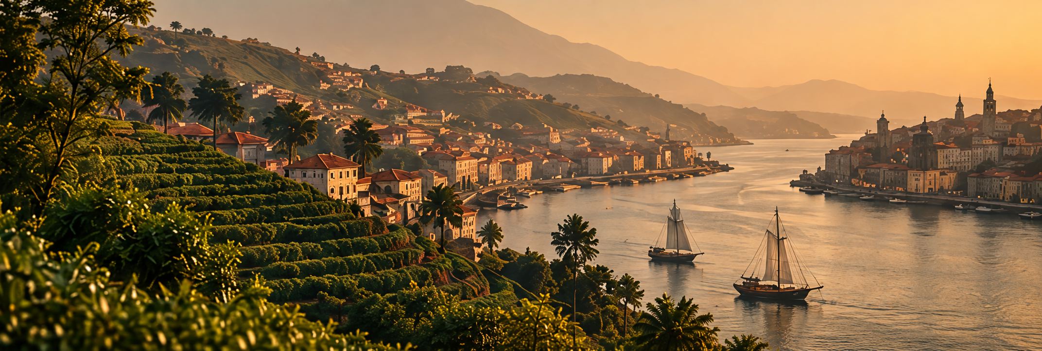 Paisagem de uma cidade costeira ao pôr do sol, com casas de telhado vermelho, árvores palmadas, um rio com barcos à vela tradicionais, e colinas ao fundo.