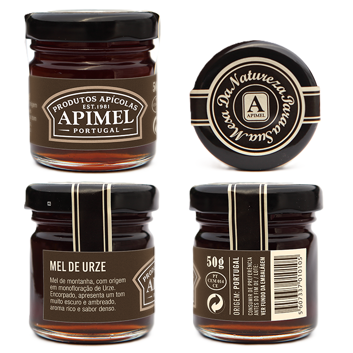 Mel de urze Apimel em frasco de 50 g, com diferentes vistas do rótulo e da tampa.