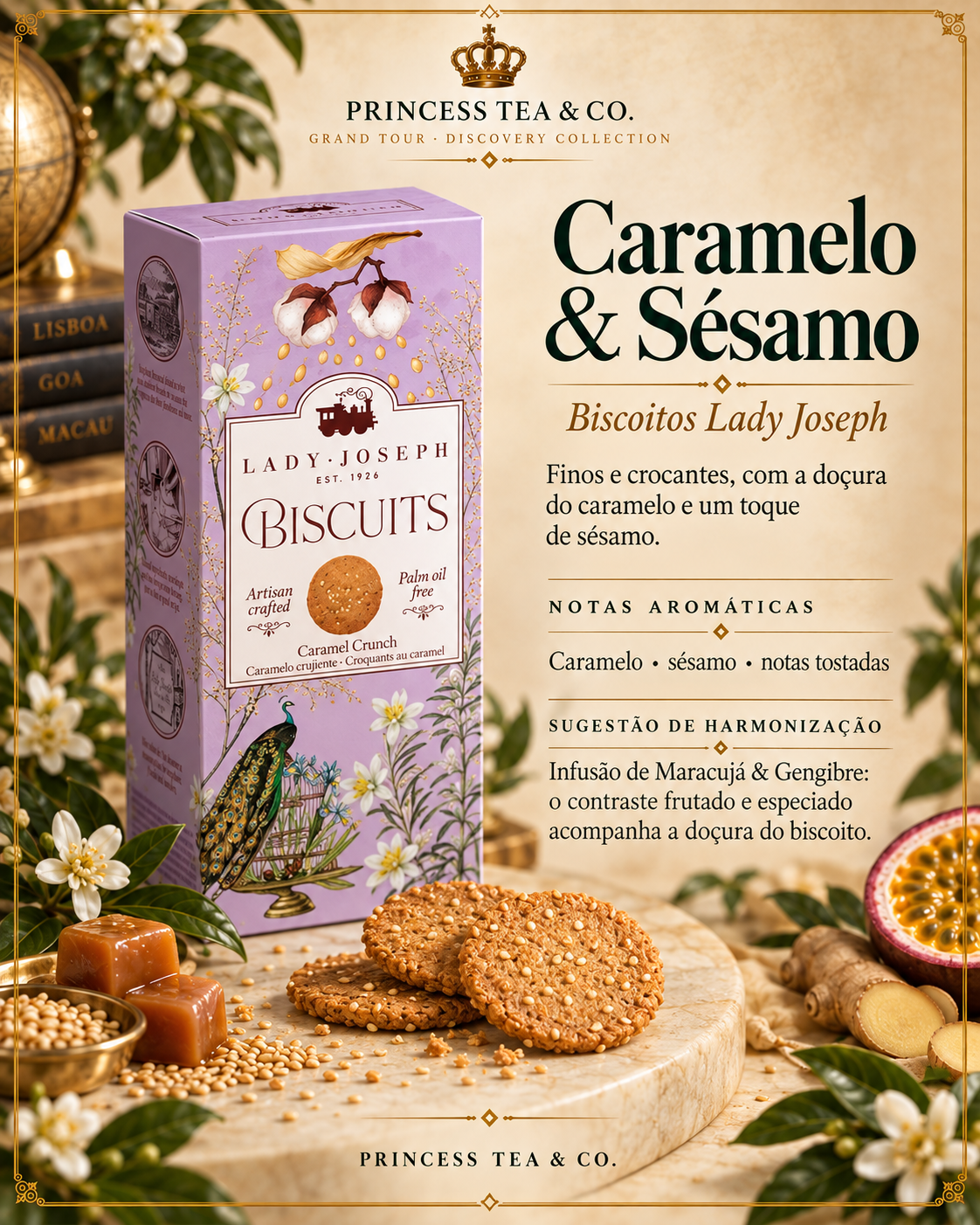 Biscoitos de Caramelo e Sésamo Lady Joseph, apresentados junto da embalagem lilás ilustrada e de ingredientes decorativos.