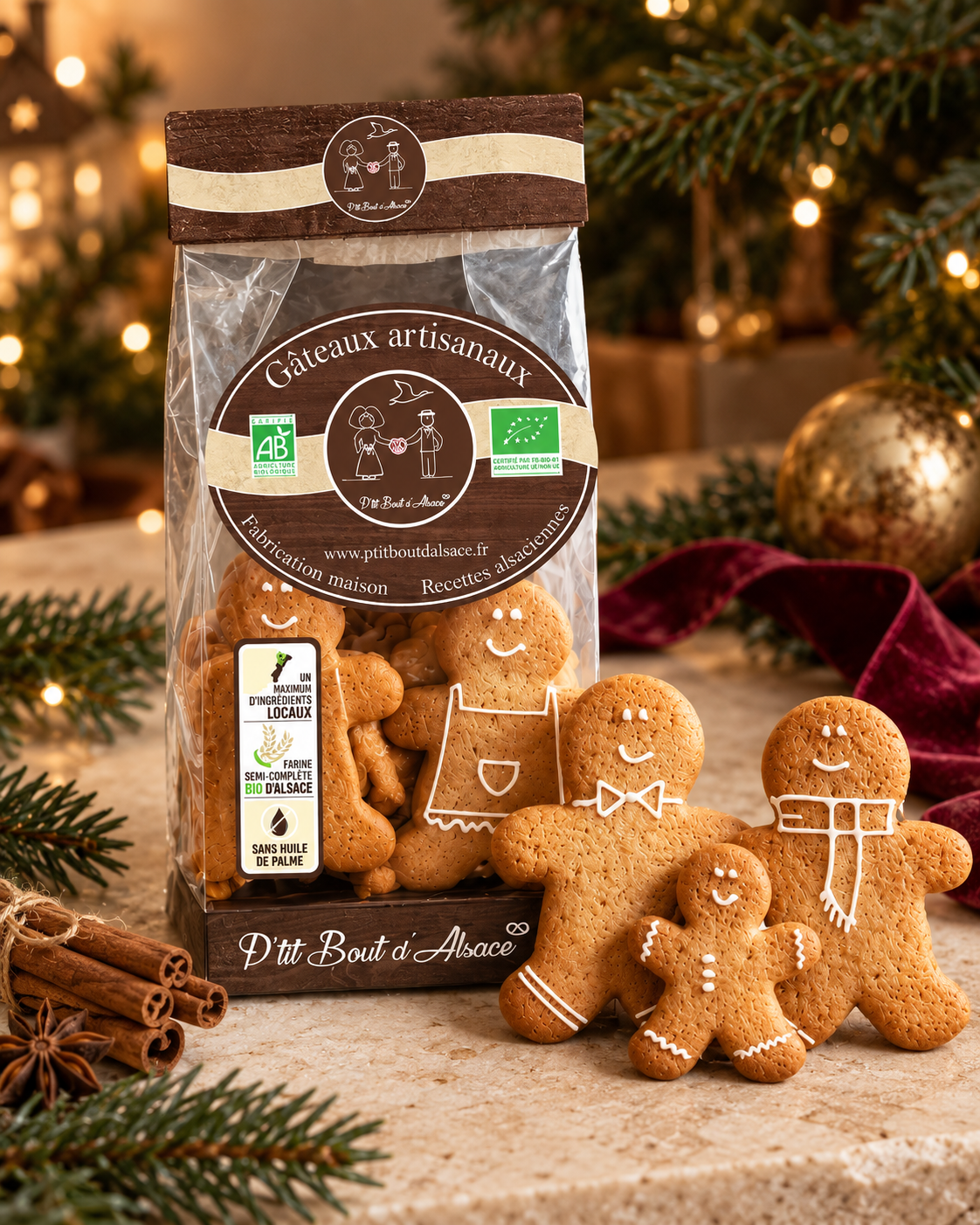 Biscoitos artesanais decorados com motivos natalinos em uma mesa, com árvores de Natal ao fundo e enfeites dourados.