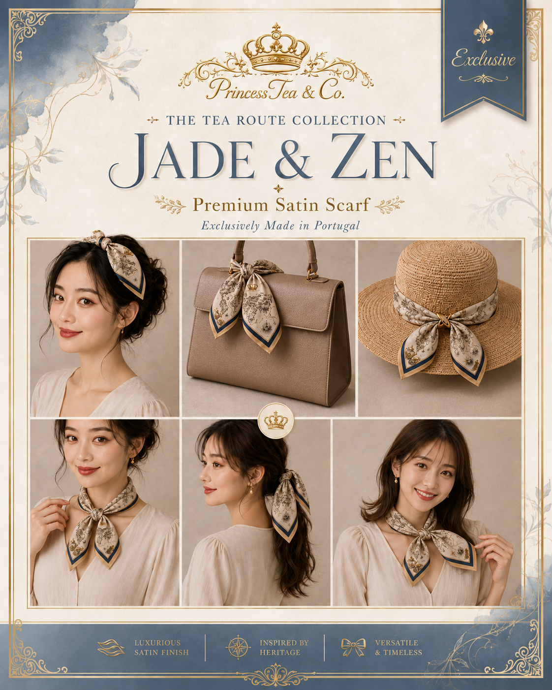 Formas de usar o lenço de cetim Jade & Zen: no cabelo, ao pescoço, numa mala e num chapéu. Logo da Princess Tea & Co. ao fundo.