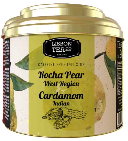 Lata de infusão de Pêra Rocha e Cardamomo da Lisbon Tea Co., sem cafeína, com tampa dourada.