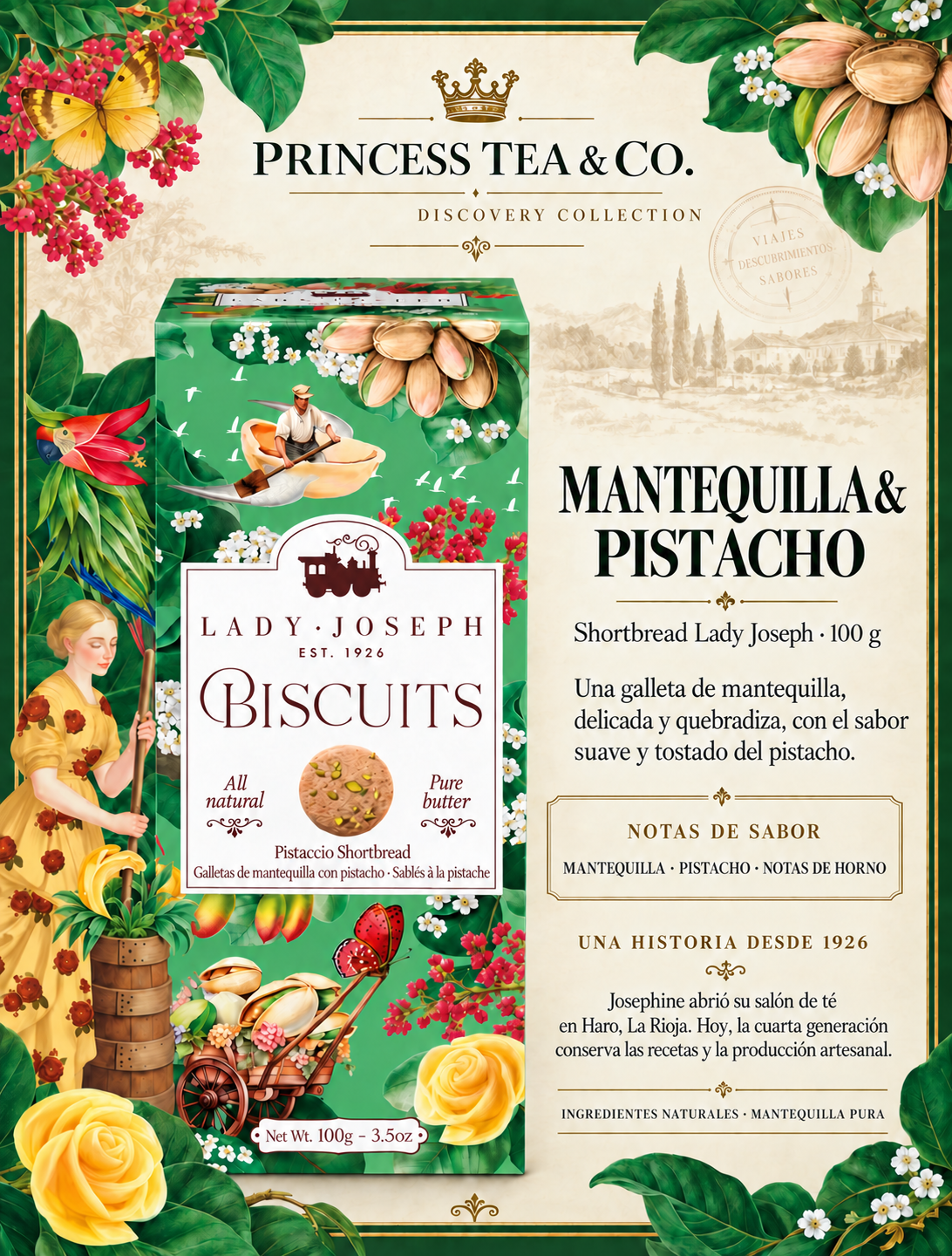 Biscoitos de Manteiga e Pistácio Lady Joseph em embalagem verde ilustrada, numa apresentação em espanhol.