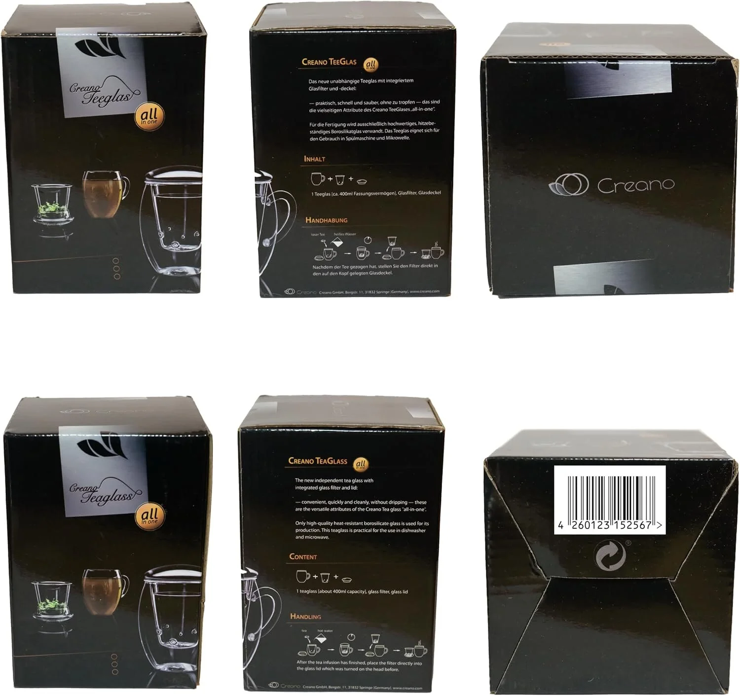 Diferentes vistas da embalagem preta da caneca de vidro com infusor, com imagens do produto e informações de utilização.