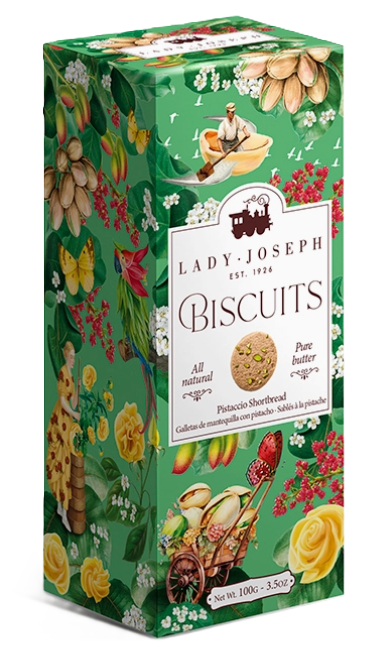 Pormenor da embalagem verde dos biscoitos de Manteiga e Pistácio Lady Joseph, com ilustrações florais e rótulo frontal.