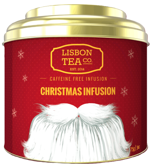 Infusão de Natal sem cafeína da Lisbon Tea Co., em lata vermelha com ilustração de barba do Pai Natal e tampa dourada.