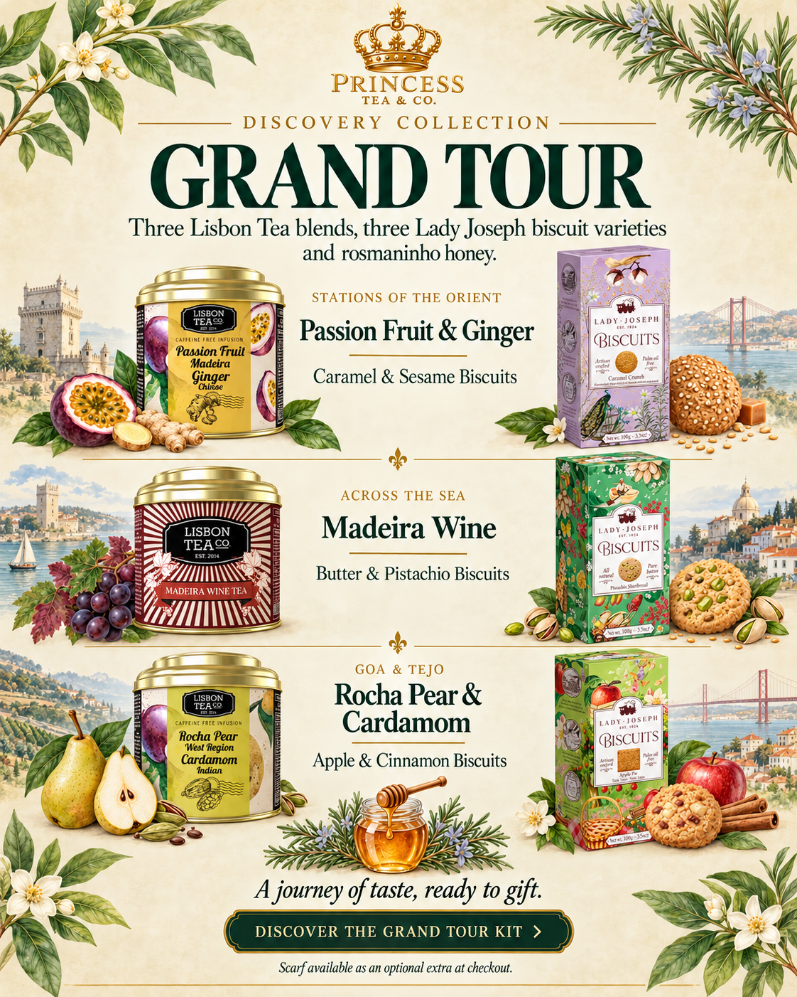 Apresentação do cabaz Grand Tour, com três variedades Lisbon Tea e sugestões de combinação com biscoitos Lady Joseph.