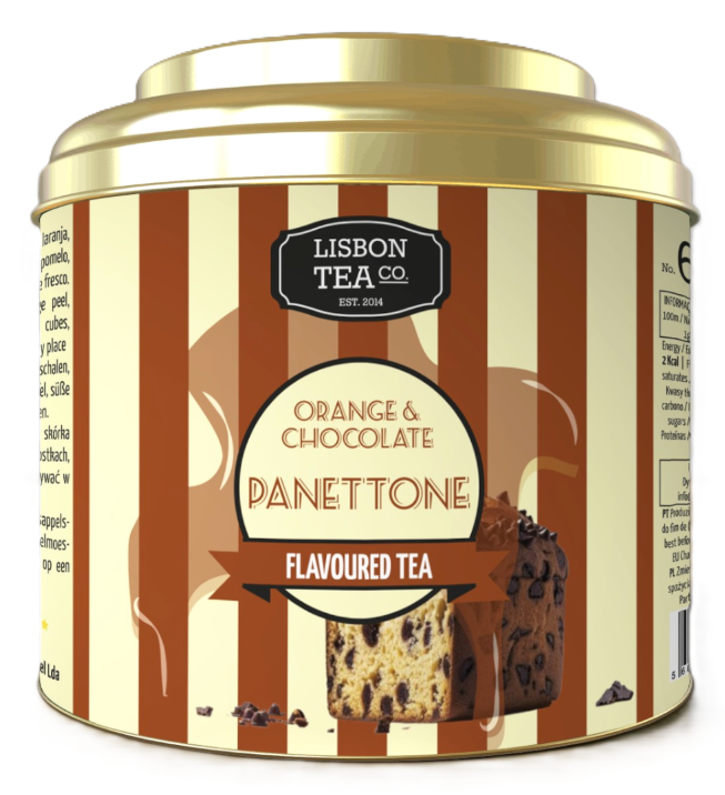 Chá Panettone com laranja e chocolate da Lisbon Tea Co., em lata às riscas com tampa dourada.