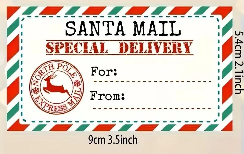 Etiqueta de Natal «Santa Mail — Special Delivery», com campos para destinatário e remetente e bordas vermelhas e verdes.