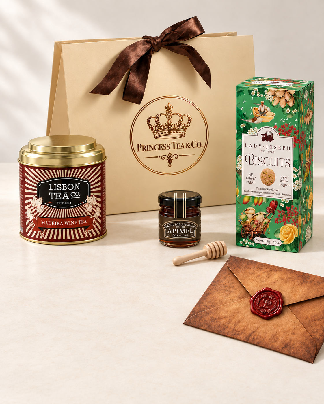 Pacote de presente com itens de chá e biscoitos, incluindo uma lata de chá de Lisboa, um pacote de biscoitos Lady Joseph, um pote de mel Apimel, uma embalagem de chá com um laço de fita marrom, e um envelope envelhecido com lacre de cera redondo vermelho.