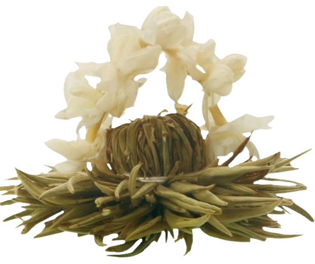 Arranjo decorativo com flores secas, folhas e um objeto central de forma arredondada, com detalhes em cores naturais