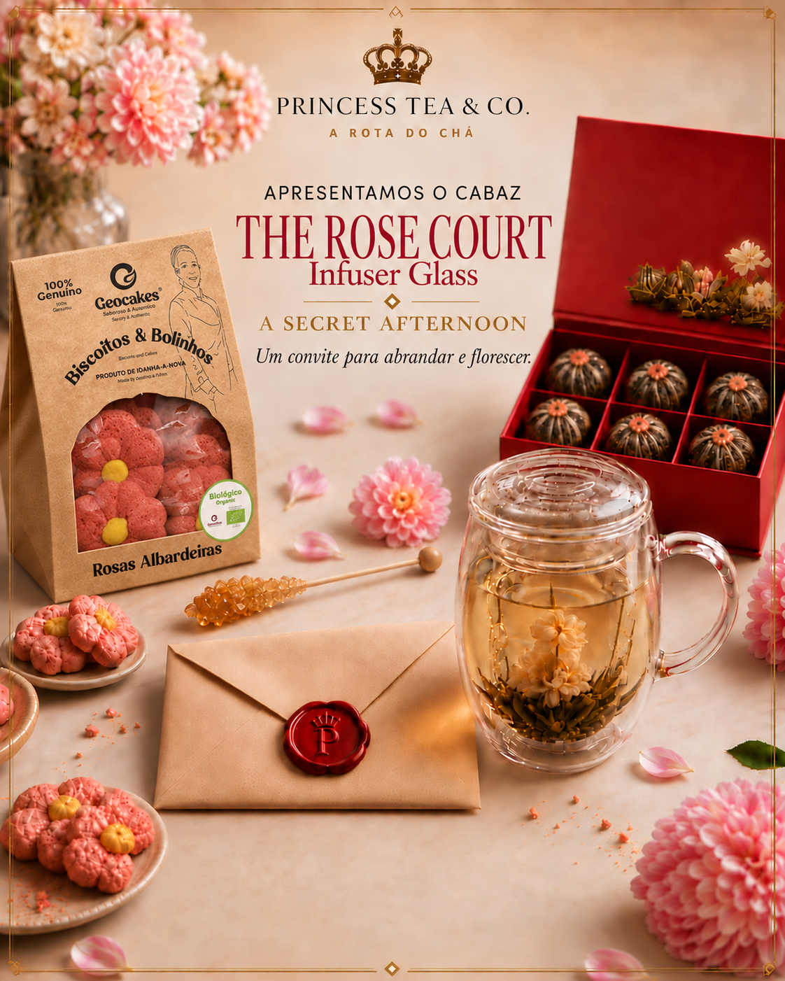 Tabela decorada com flores rosas, uma caixa vermelha de chocolates decorados, uma jarra de chá com flores de fundo, um saco de doces decorados, um envelope com lacre, e uma mesa com doces decorativos, acompanhada de texto promocional sobre um chá temático chamado "The Rose Court" com detalhes em português e inglês.