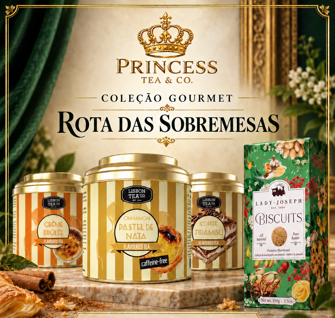 Apresentação da coleção gourmet Rota das Sobremesas, com três variedades Lisbon Tea inspiradas em sobremesas e biscoitos de Manteiga e Pistácio.
