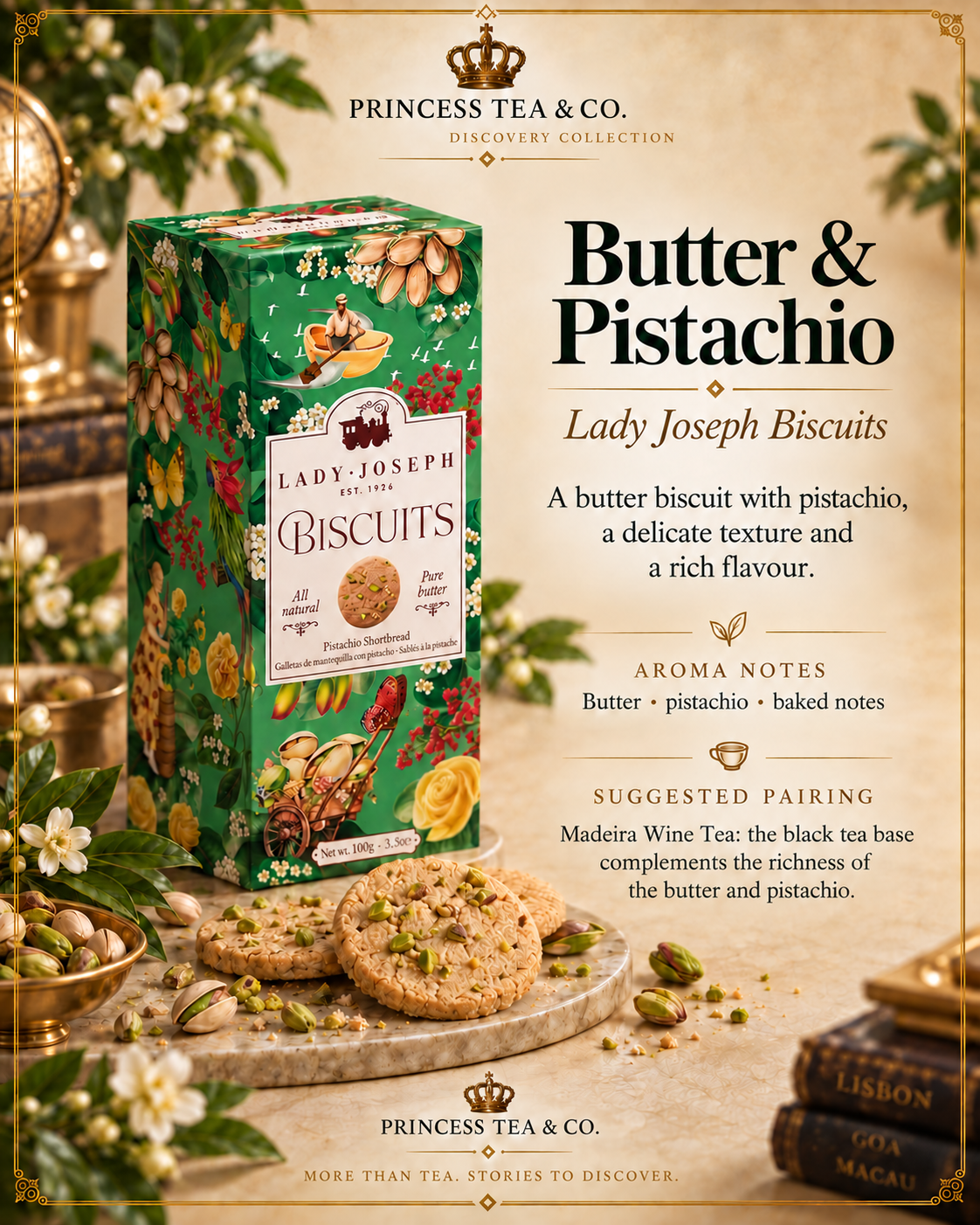 Biscoitos de Manteiga e Pistácio Lady Joseph, apresentados com pistácios e embalagem verde ilustrada, numa composição em inglês.