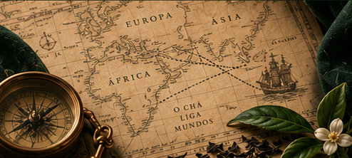 Mapa antigo do mundo com detalhes de continentes, uma bússola dourada e folhas verdes da planta Camellia Sinensis com flor branca.