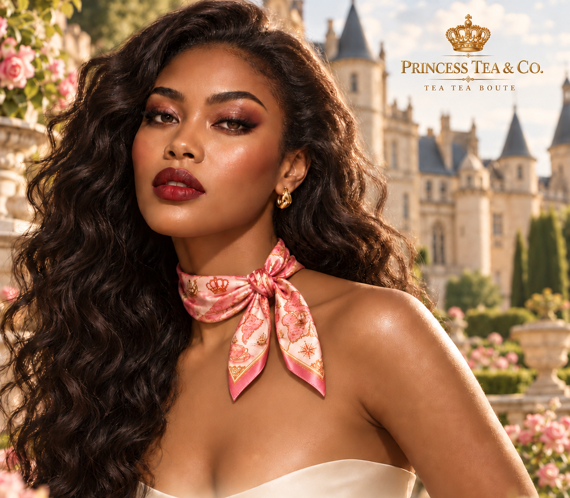 Modelo com lenço de cetim Blossom atado ao pescoço, em tons rosa e marfim, com um castelo ao fundo e logo Princess Tea & Co.