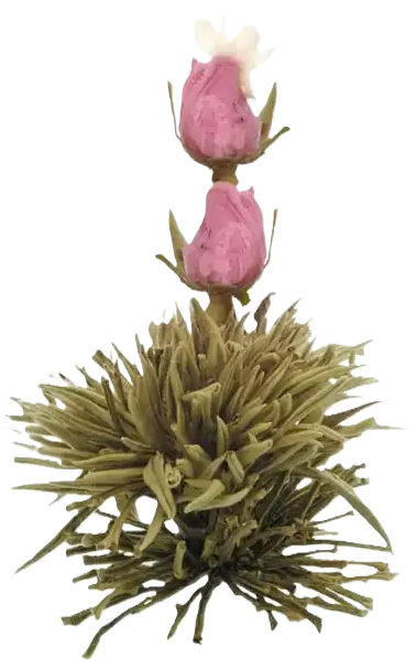 Flor artificial com pétalas rosa e um caule feito de tecido ou couro, com folhas artificiais ao redor.
